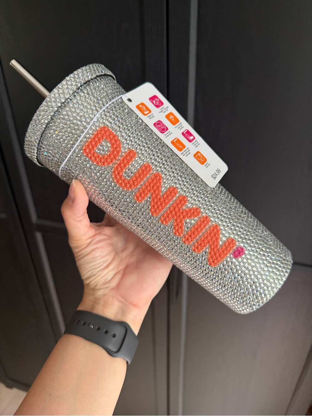 Dunkin' Bling Rhinestone Tumbler - Silver with Orange Logo 24oz